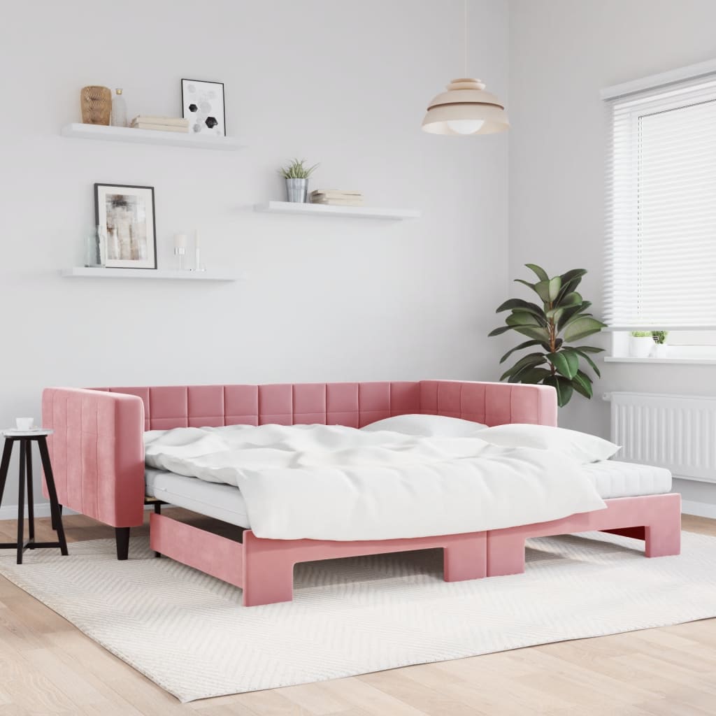 vidaXL Pat de zi cu extensie și saltea, roz, 100x200 cm, catifea vidaXL Pat de zi cu extensie și saltea, roz, 100x200 cm, catifea
