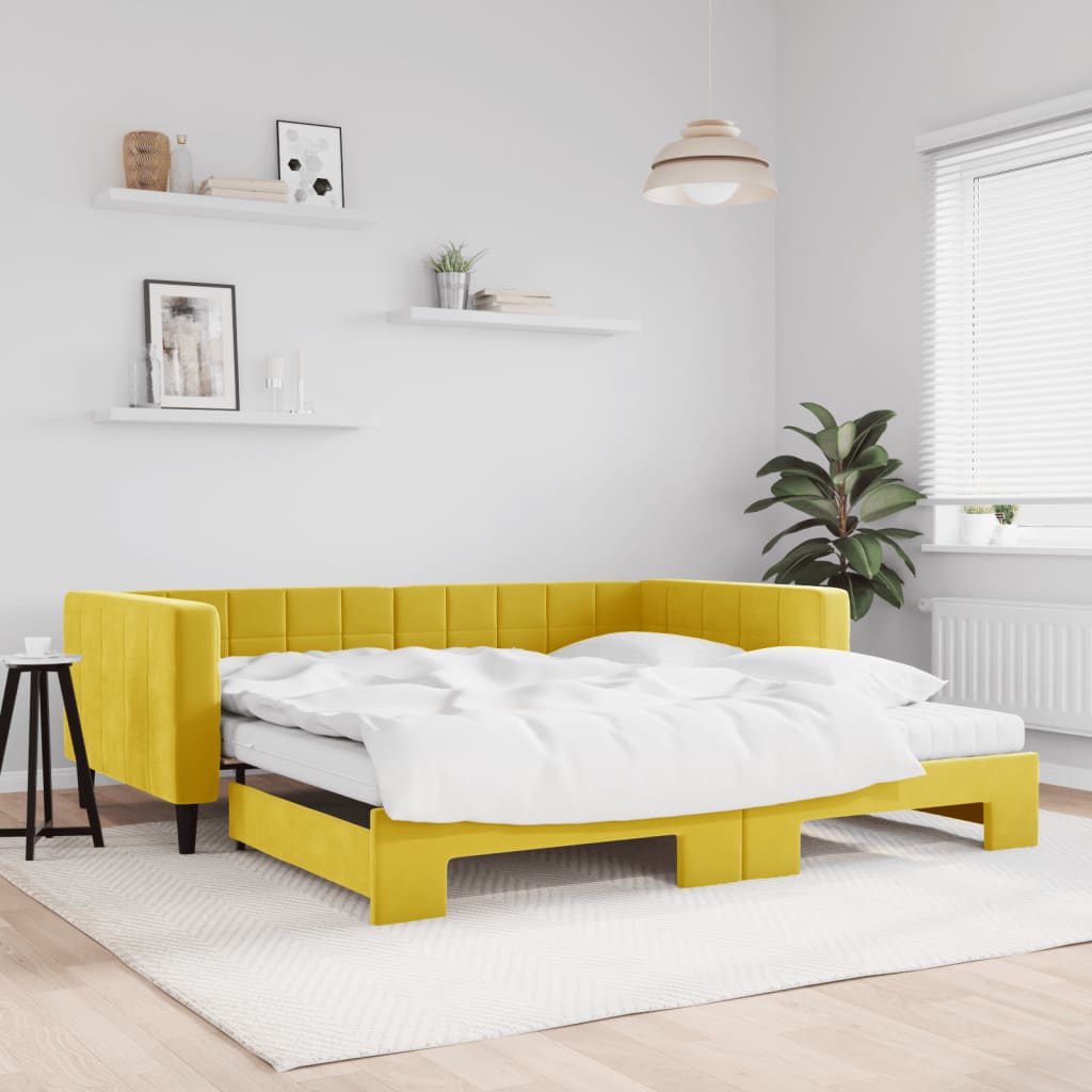 vidaXL Pat de zi cu extensie și saltea, galben, 100x200 cm, catifea vidaXL Pat de zi cu extensie și saltea, galben, 100x200 cm, catifea