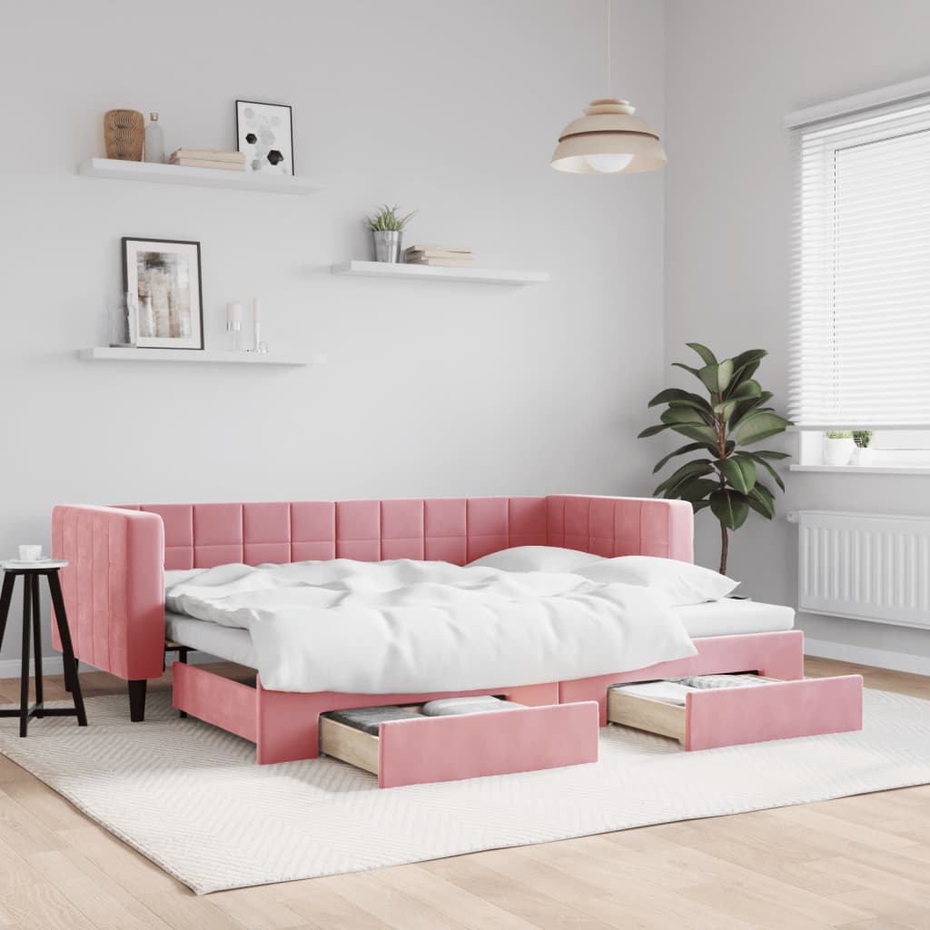 vidaXL Pat de zi cu extensie și sertare, roz, 80x200 cm, catifea vidaXL Pat de zi cu extensie și sertare, roz, 80x200 cm, catifea