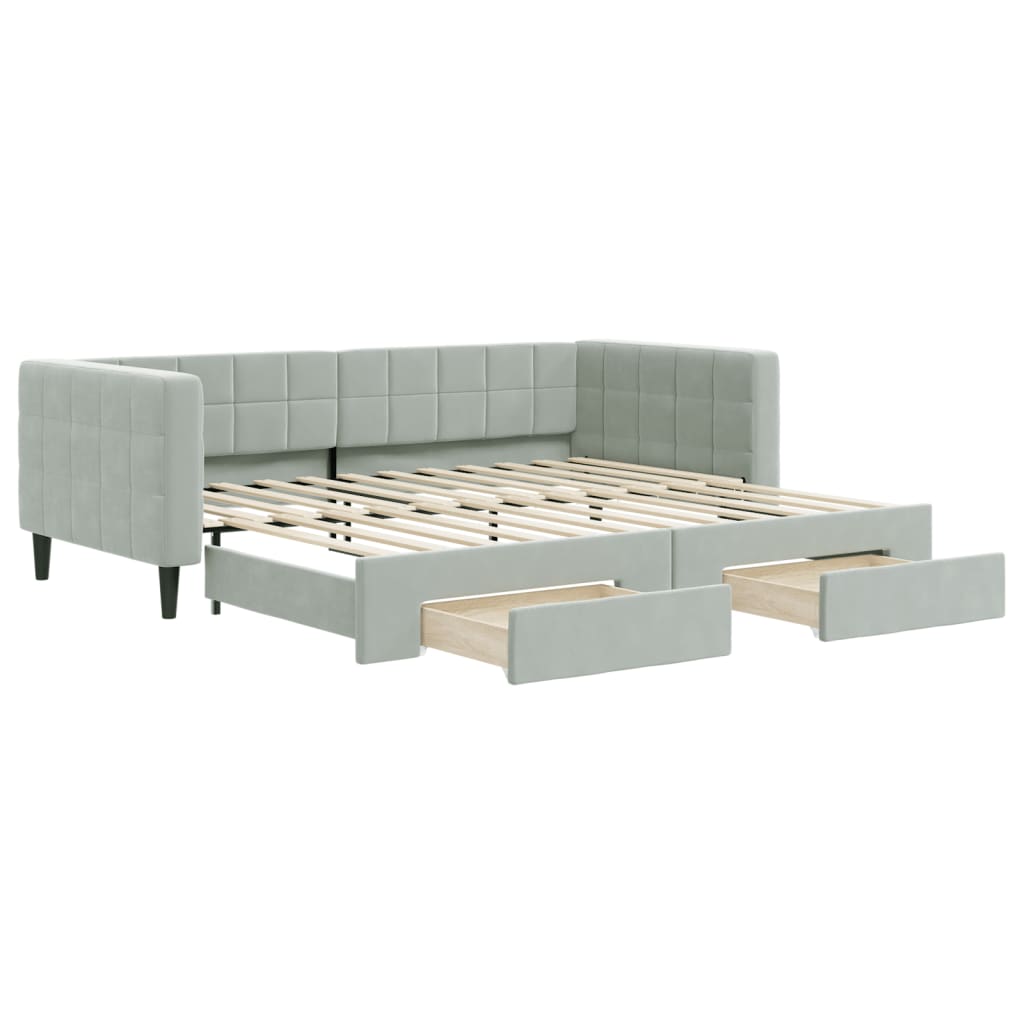 vidaXL Pat de zi cu extensie și sertare, gri deschis 90x200 cm catifea