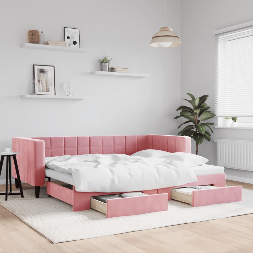 vidaXL Pat de zi cu extensie și sertare, roz, 90x200 cm, catifea vidaXL Pat de zi cu extensie și sertare, roz, 90x200 cm, catifea