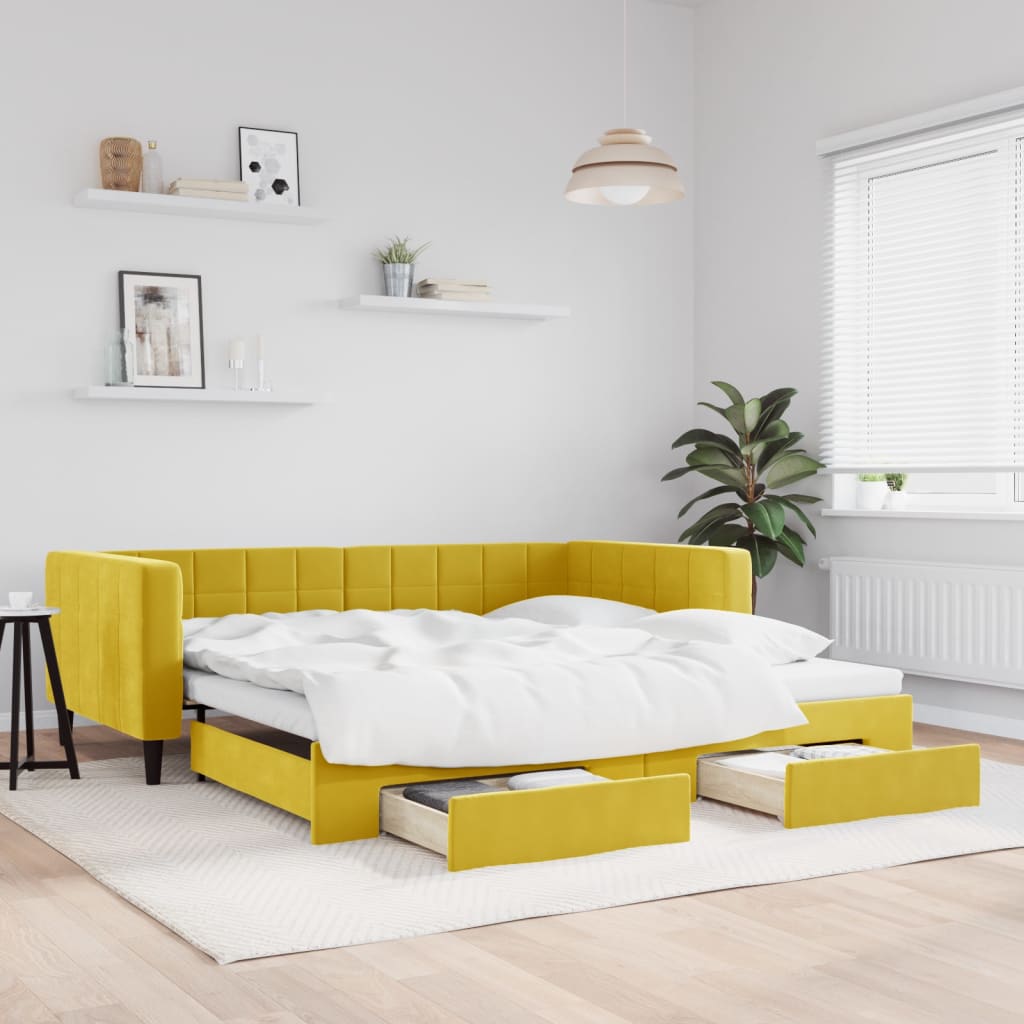 vidaXL Pat de zi cu extensie și sertare, galben, 100x200 cm, catifea vidaXL Pat de zi cu extensie și sertare, galben, 100x200 cm, catifea
