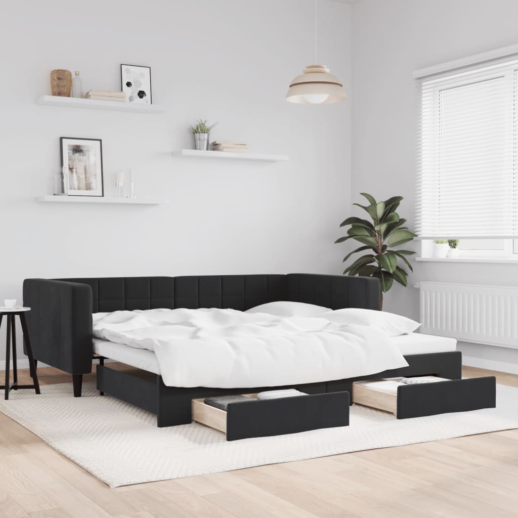 vidaXL Pat de zi cu extensie și sertare, negru, 90x190 cm, catifea vidaXL Pat de zi cu extensie și sertare, negru, 90x190 cm, catifea