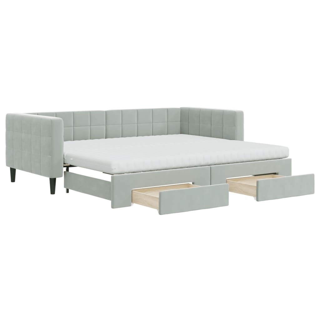 vidaXL Pat de zi cu extensie și sertare, gri deschis 90x200 cm catifea