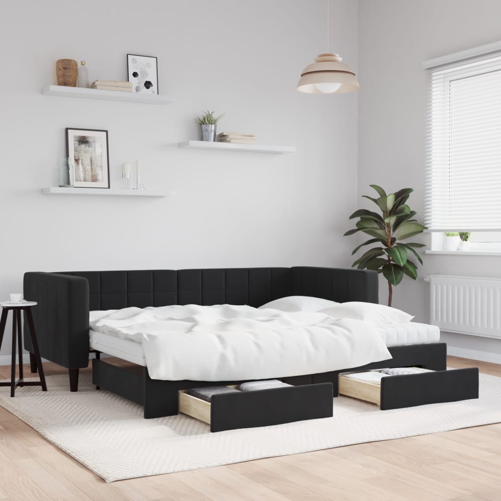 vidaXL Pat de zi cu extensie și sertare, negru, 90x200 cm, catifea vidaXL Pat de zi cu extensie și sertare, negru, 90x200 cm, catifea