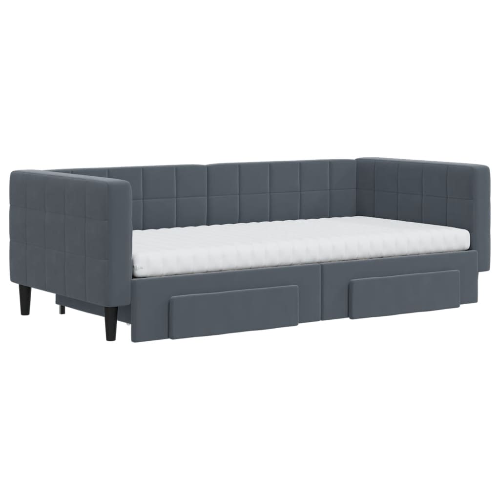 vidaXL Pat de zi cu extensie și sertare, gri închis, 90x190cm catifea