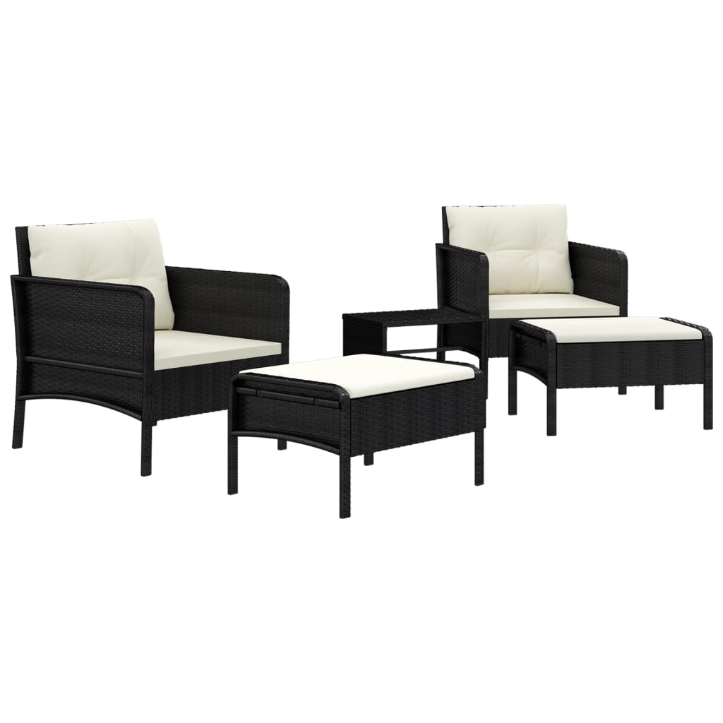 vidaXL Set șezlonguri de grădină, 5 piese, cu perne, negru, poliratan