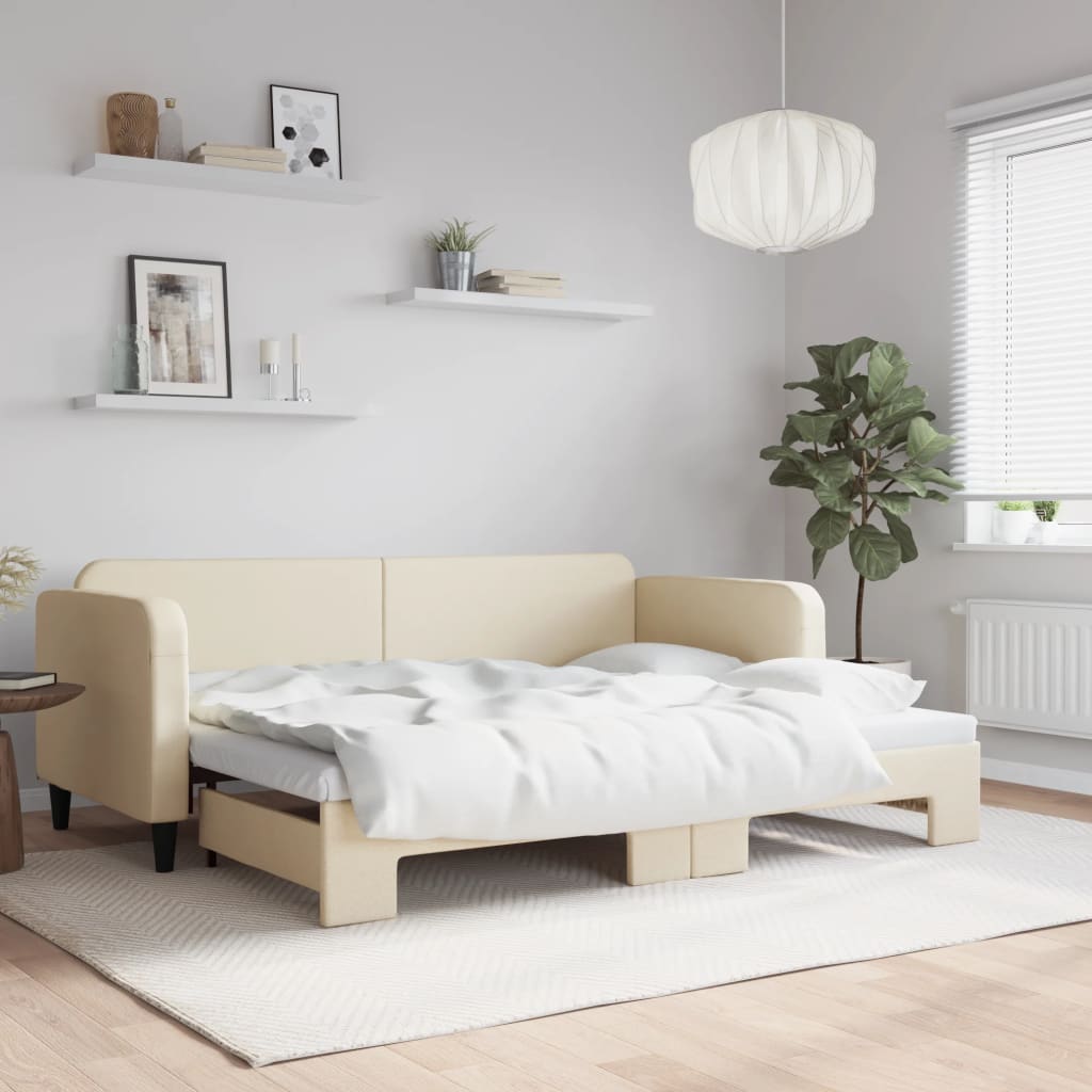 vidaXL Pat de zi cu extensie, crem, 80x200 cm, textil vidaXL Pat de zi cu extensie, crem, 80x200 cm, textil
