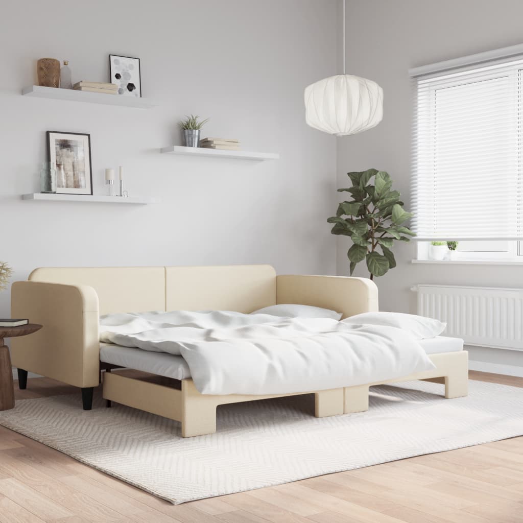 vidaXL Pat de zi cu extensie, crem, 100x200 cm, textil vidaXL Pat de zi cu extensie, crem, 100x200 cm, textil
