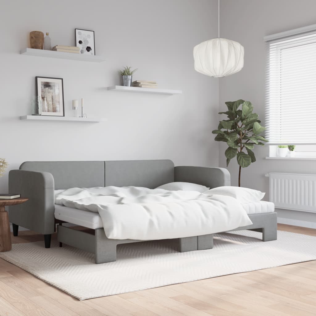 vidaXL Pat de zi cu extensie și saltele, gri deschis 90x200 cm textil vidaXL Pat de zi cu extensie și saltele, gri deschis 90x200 cm textil