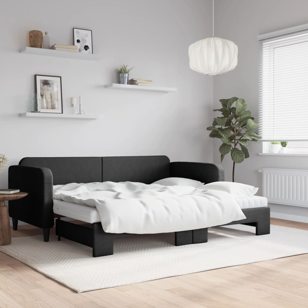 vidaXL Pat de zi cu extensie și saltele, negru, 90x200 cm, textil vidaXL Pat de zi cu extensie și saltele, negru, 90x200 cm, textil