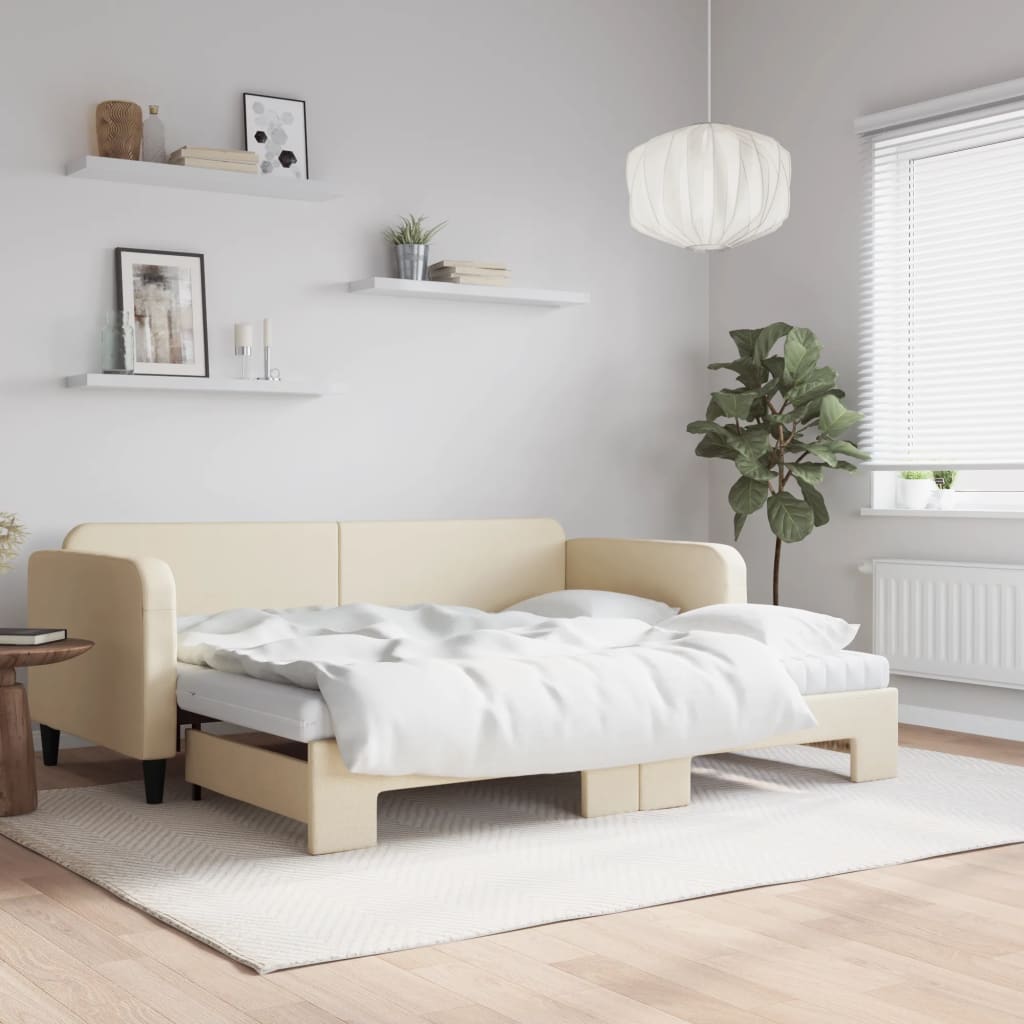 vidaXL Pat de zi cu extensie și saltele, crem, 90x200 cm, textil vidaXL Pat de zi cu extensie și saltele, crem, 90x200 cm, textil