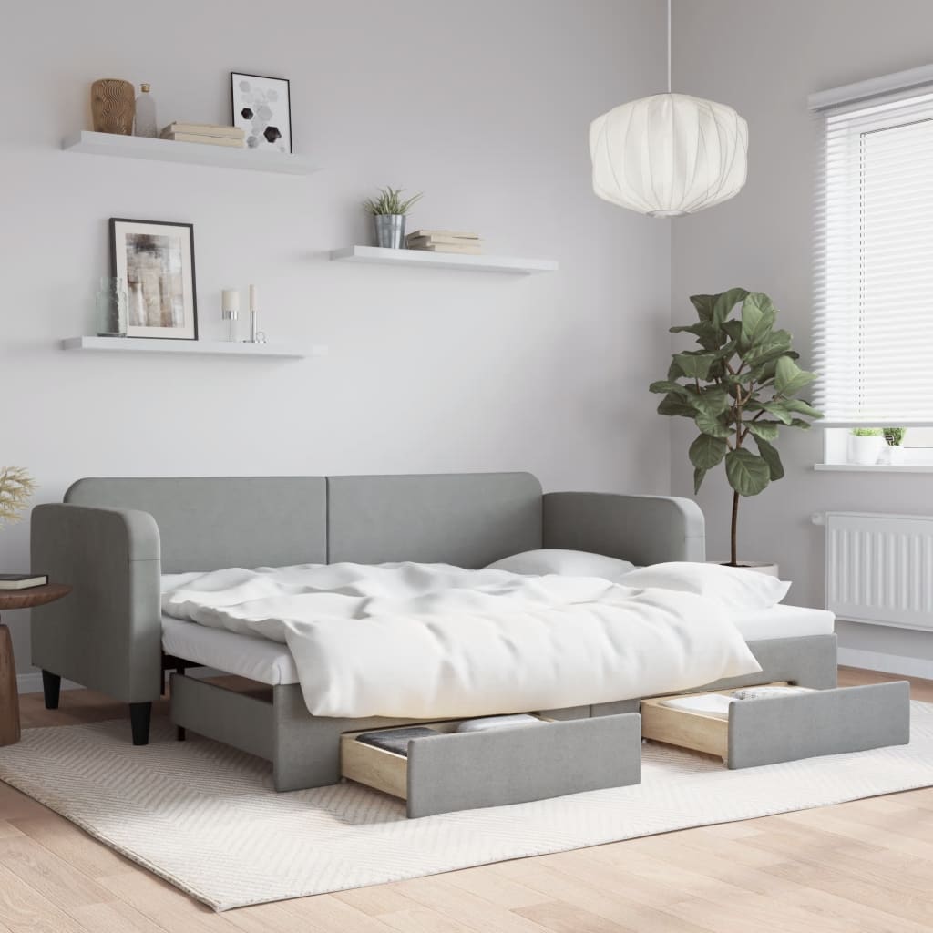 vidaXL Pat de zi cu extensie și sertare, gri deschis, 80x200 cm textil