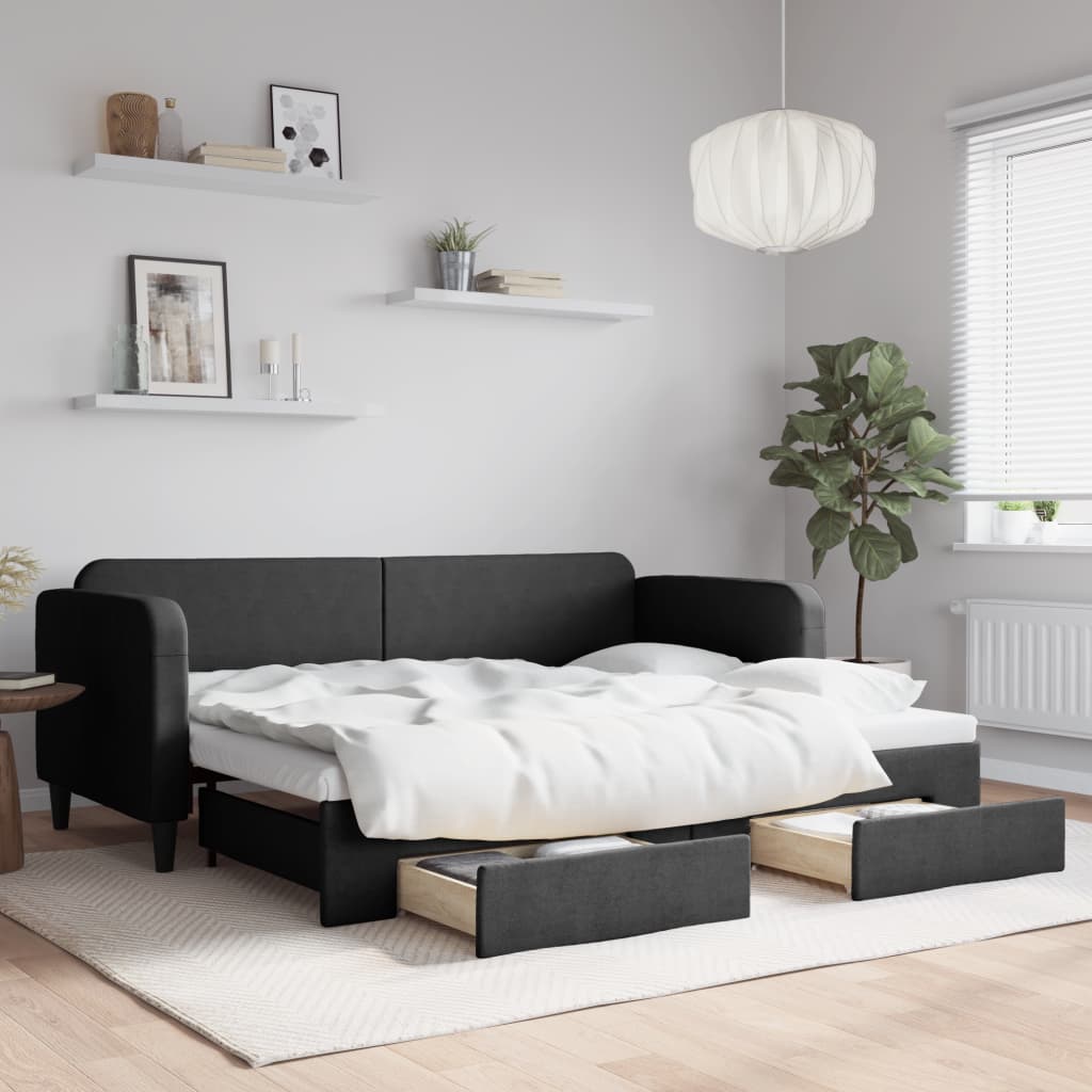 vidaXL Pat de zi cu extensie și sertare, negru, 80x200 cm, textil vidaXL Pat de zi cu extensie și sertare, negru, 80x200 cm, textil