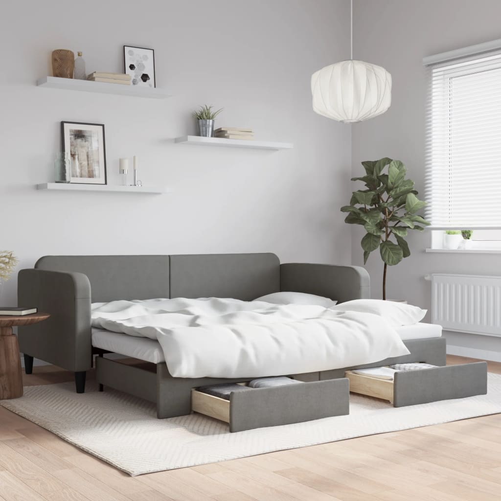 vidaXL Pat de zi cu extensie și sertare, gri închis, 90x200 cm textil