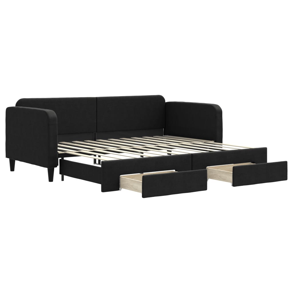 vidaXL Pat de zi cu extensie și sertare, negru, 90x200 cm, textil