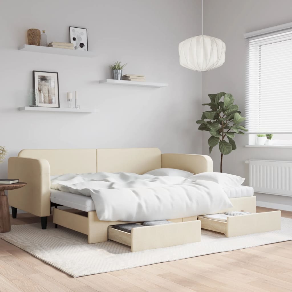 vidaXL Pat de zi cu extensie și sertare, crem, 90x200 cm, textil vidaXL Pat de zi cu extensie și sertare, crem, 90x200 cm, textil