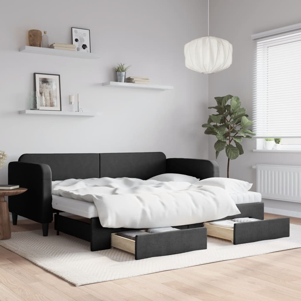 vidaXL Pat de zi cu extensie și sertare, negru, 90x190cm, textil vidaXL Pat de zi cu extensie și sertare, negru, 90x190cm, textil