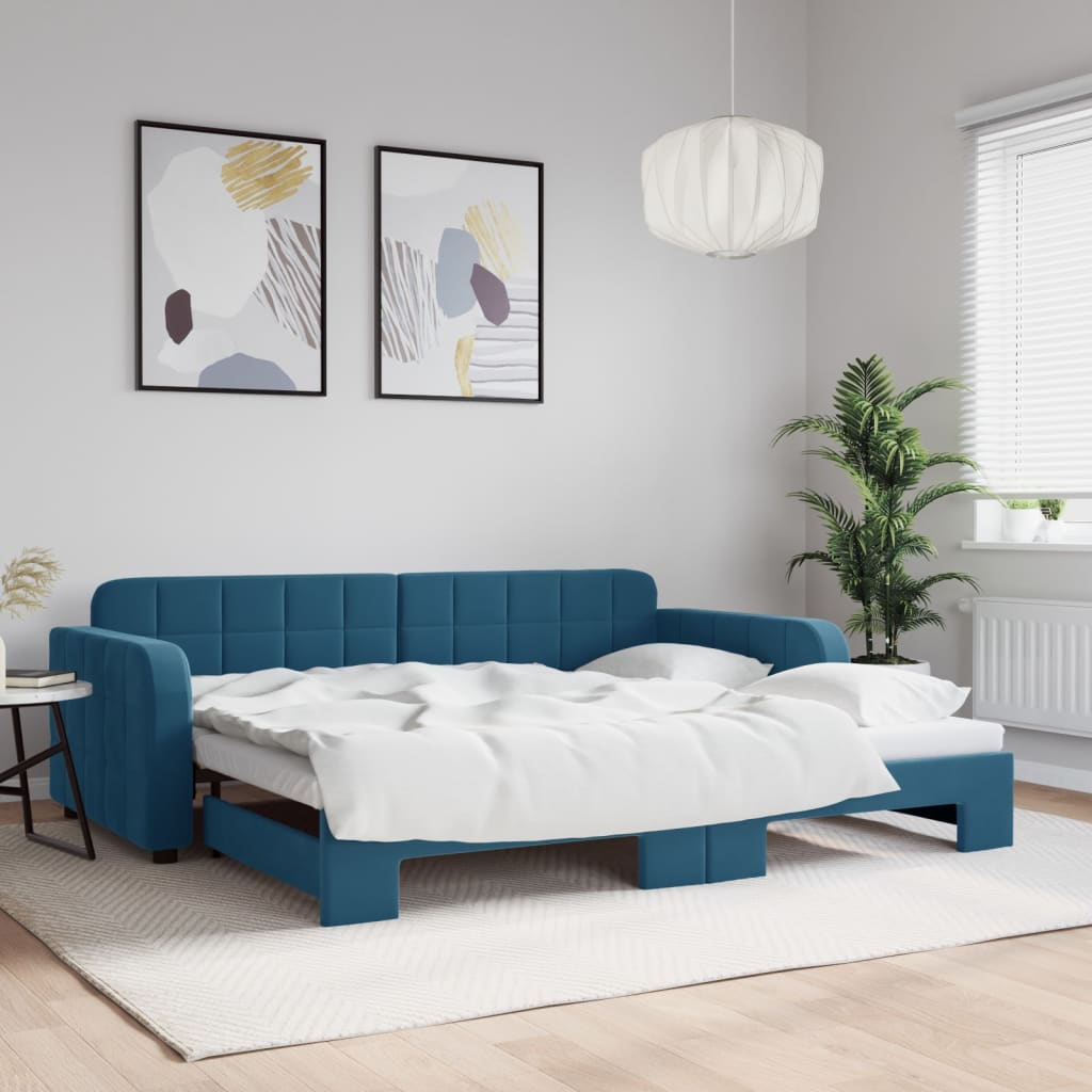 vidaXL Pat de zi cu extensie, albastru, 90x200 cm, catifea vidaXL Pat de zi cu extensie, albastru, 90x200 cm, catifea
