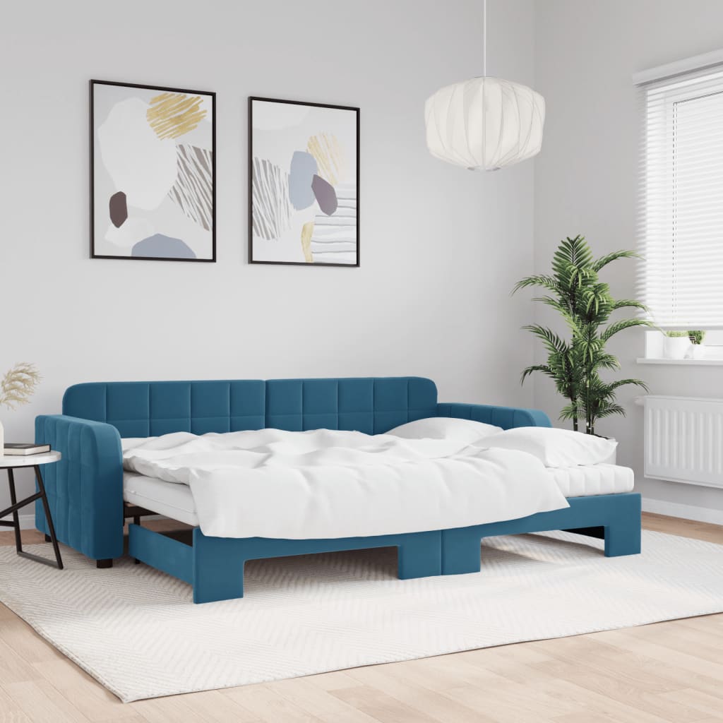 vidaXL Pat de zi cu extensie și saltea, albastru, 80x200 cm, catifea vidaXL Pat de zi cu extensie și saltea, albastru, 80x200 cm, catifea