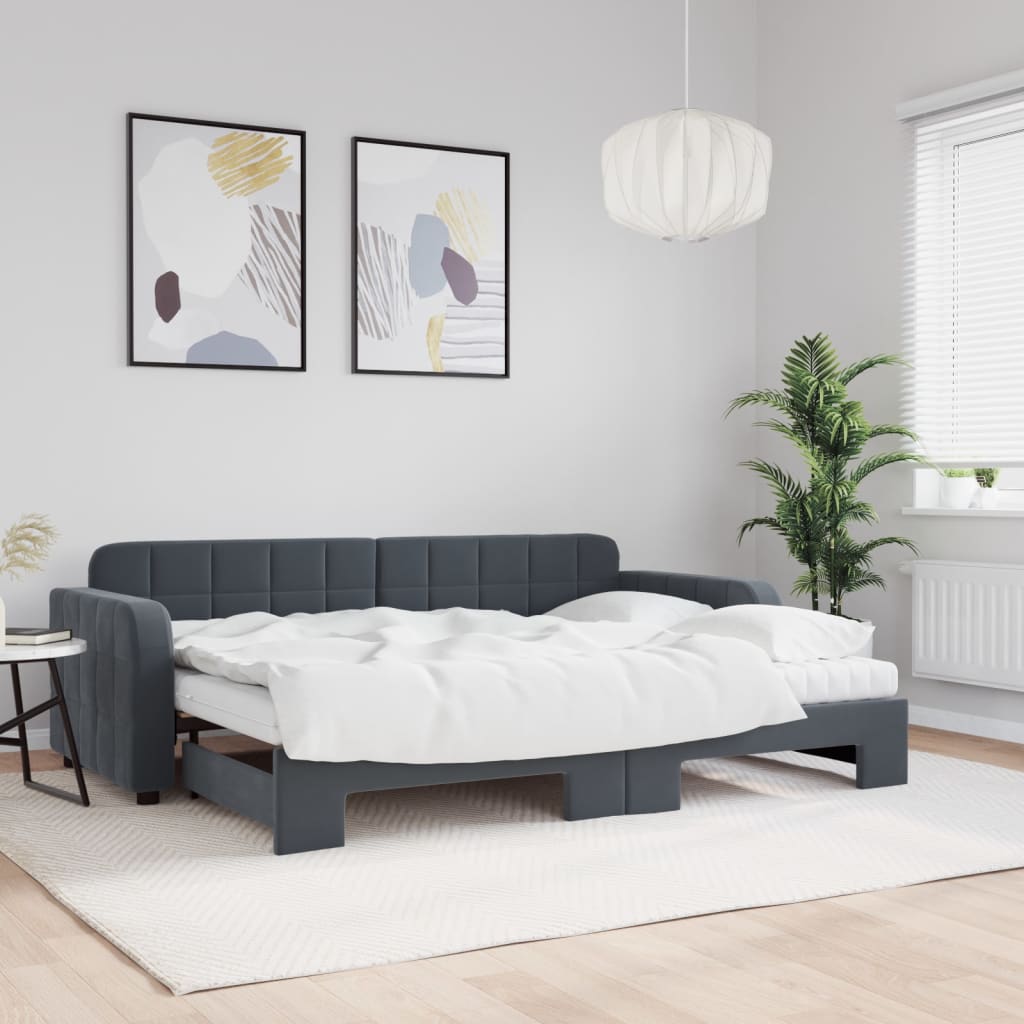 vidaXL Pat de zi cu extensie și saltele gri închis 80x200 cm catifea vidaXL Pat de zi cu extensie și saltele gri închis 80x200 cm catifea