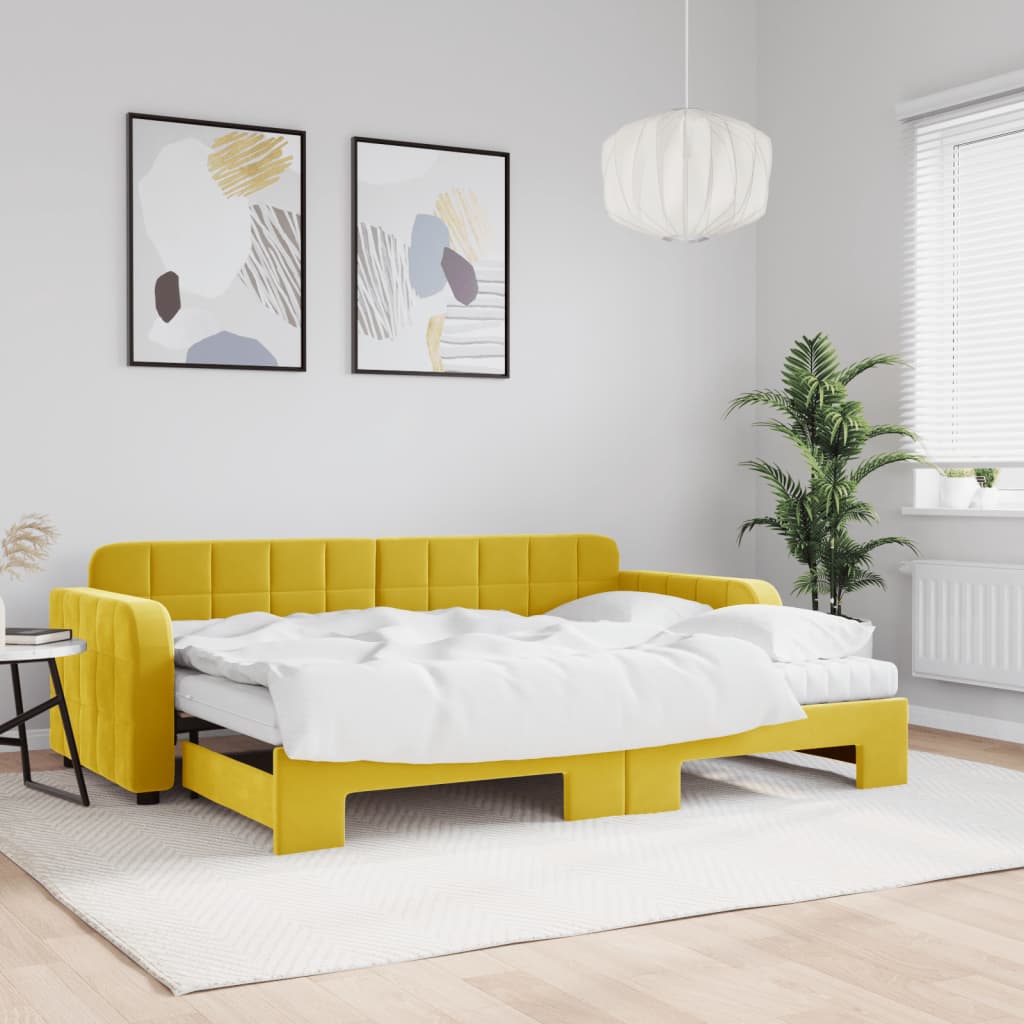 vidaXL Pat de zi cu extensie și saltea, galben, 80x200 cm, catifea vidaXL Pat de zi cu extensie și saltea, galben, 80x200 cm, catifea