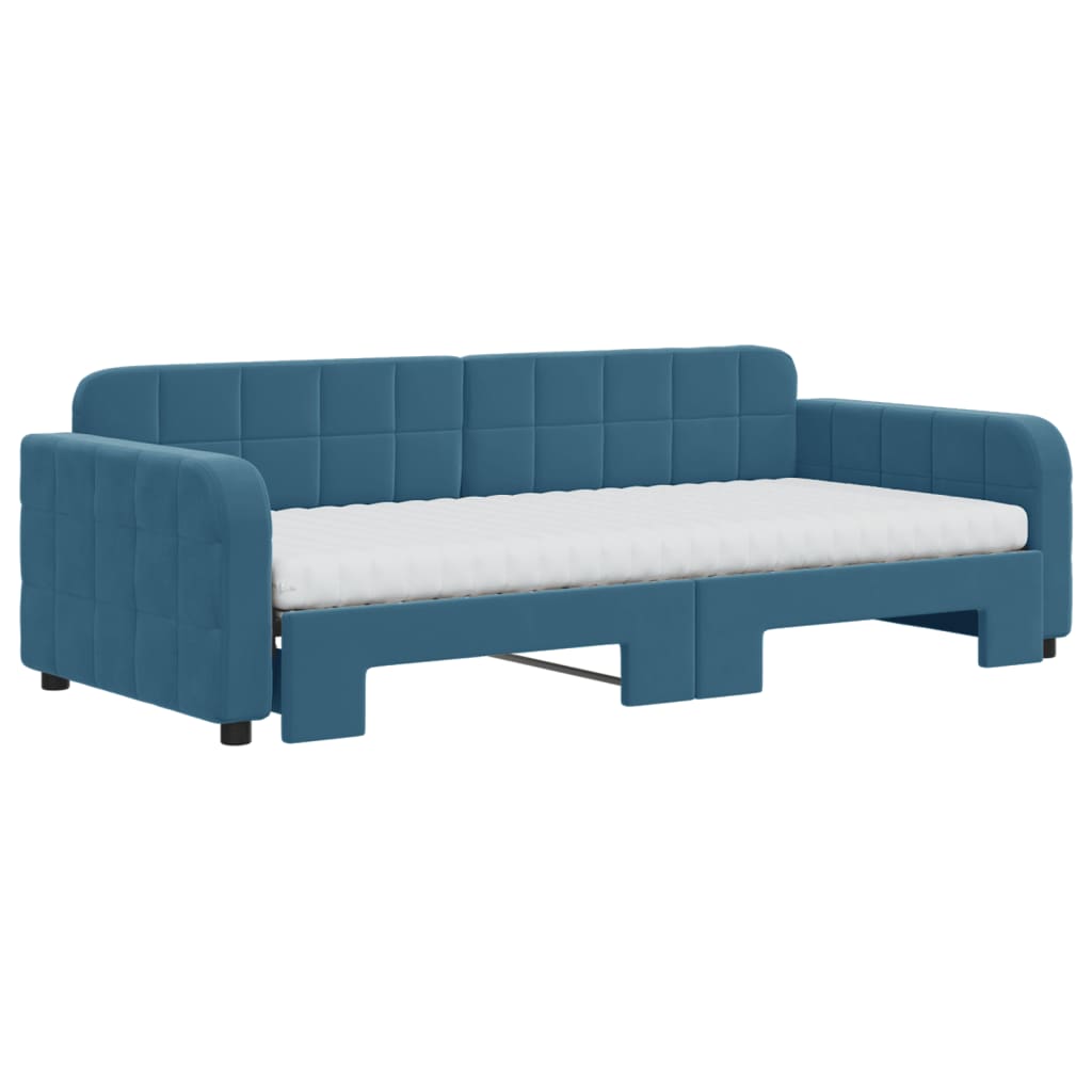 vidaXL Pat de zi cu extensie și saltea, albastru, 90x200 cm, catifea vidaXL Pat de zi cu extensie și saltea, albastru, 90x200 cm, catifea
