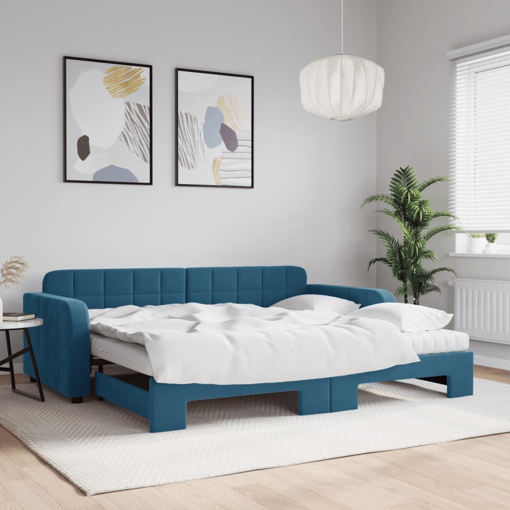 vidaXL Pat de zi cu extensie și saltea, albastru, 90x200 cm, catifea vidaXL Pat de zi cu extensie și saltea, albastru, 90x200 cm, catifea