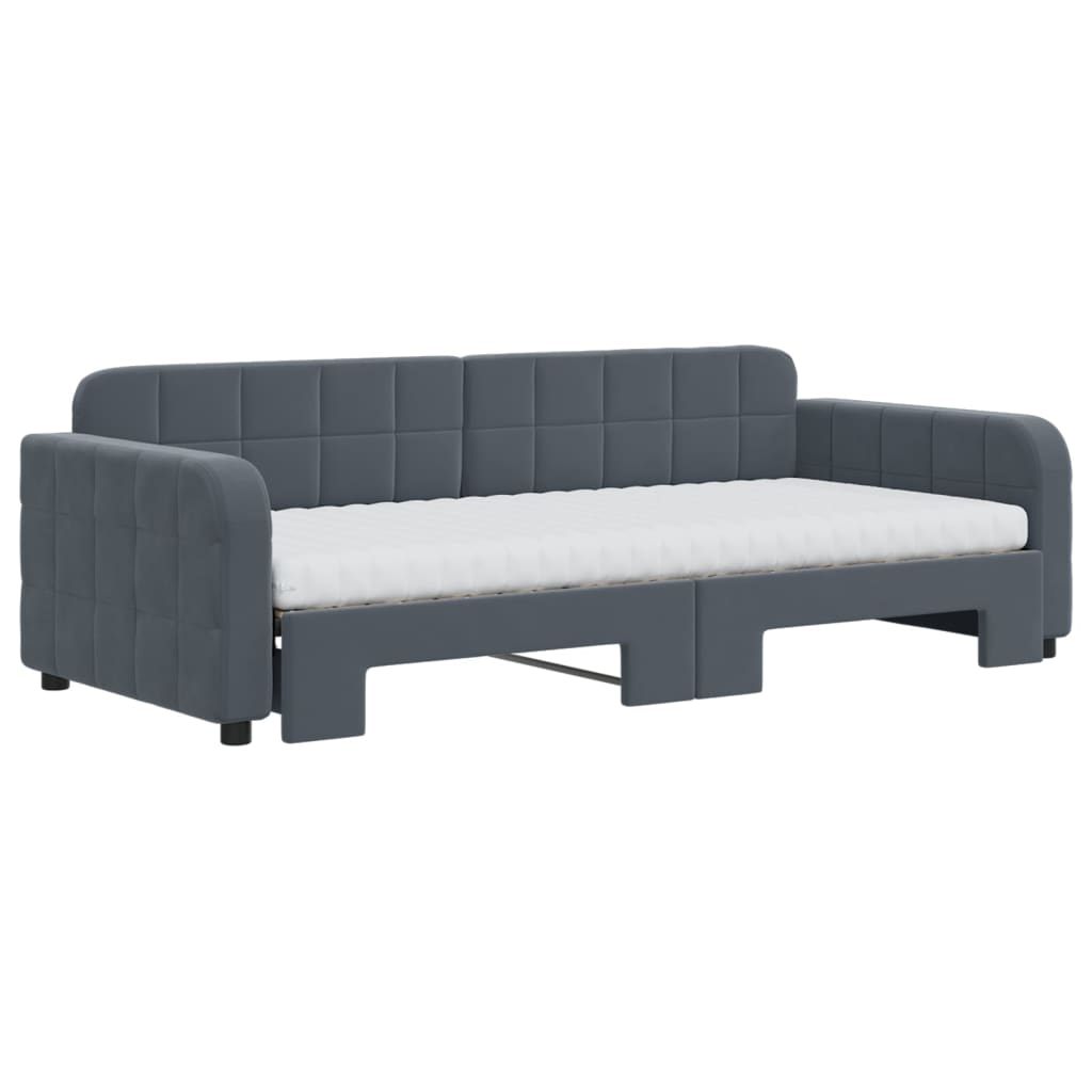vidaXL Pat de zi cu extensie și saltele, gri închis 90x200 cm catifea vidaXL Pat de zi cu extensie și saltele, gri închis 90x200 cm catifea