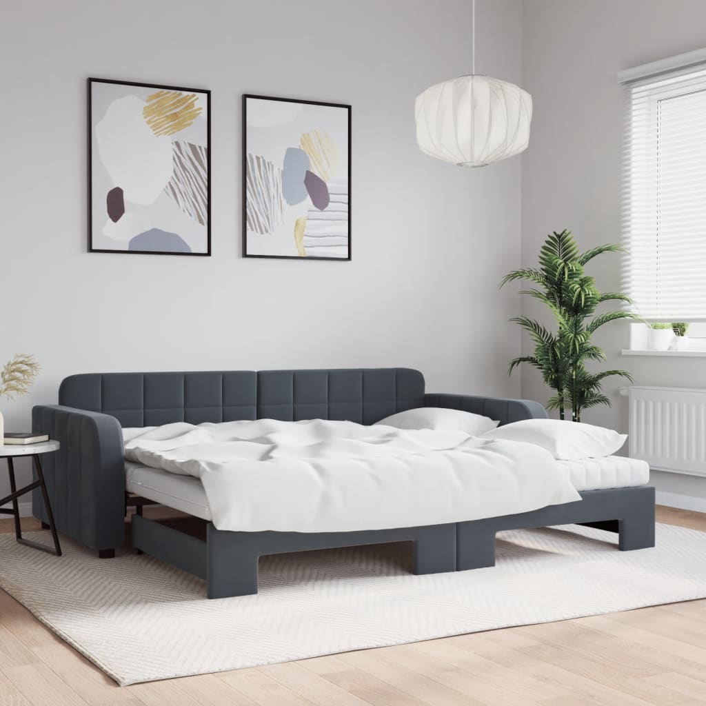 vidaXL Pat de zi cu extensie și saltele, gri închis 90x200 cm catifea vidaXL Pat de zi cu extensie și saltele, gri închis 90x200 cm catifea