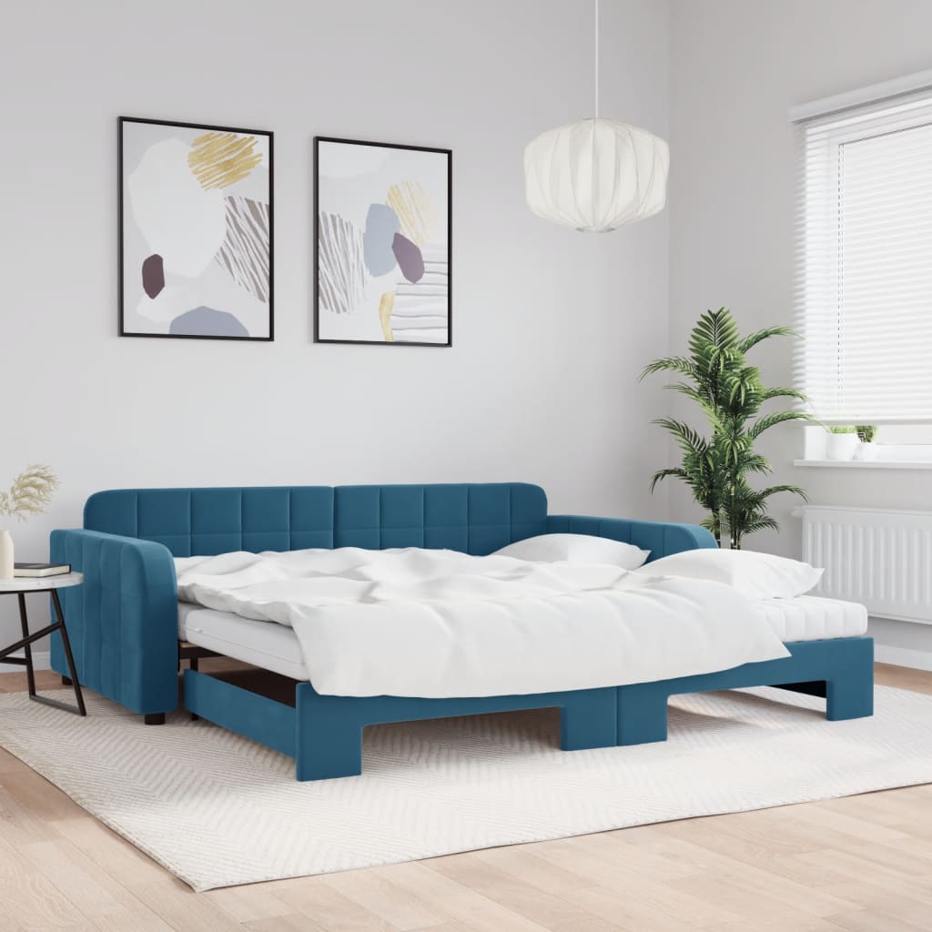vidaXL Pat de zi cu extensie și saltele, albastru, 100x200 cm, catifea vidaXL Pat de zi cu extensie și saltele, albastru, 100x200 cm, catifea