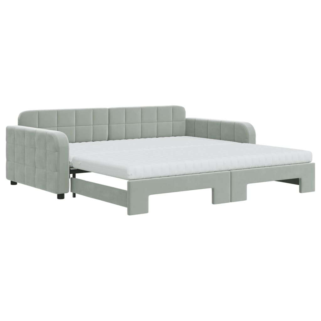 vidaXL Pat de zi cu extensie și saltele gri deschis 100x200 cm catifea vidaXL Pat de zi cu extensie și saltele gri deschis 100x200 cm catifea
