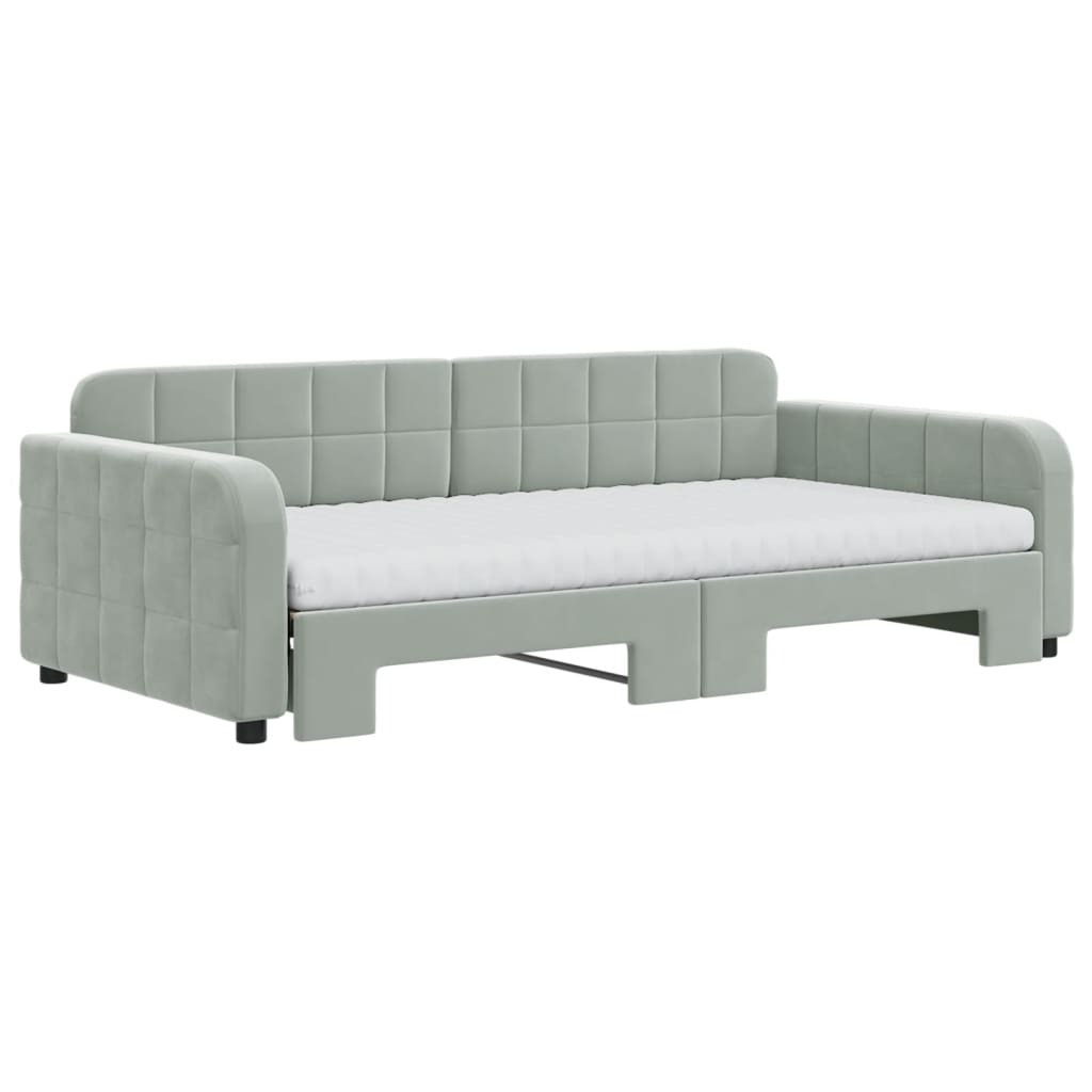 vidaXL Pat de zi cu extensie și saltele gri deschis 100x200 cm catifea vidaXL Pat de zi cu extensie și saltele gri deschis 100x200 cm catifea