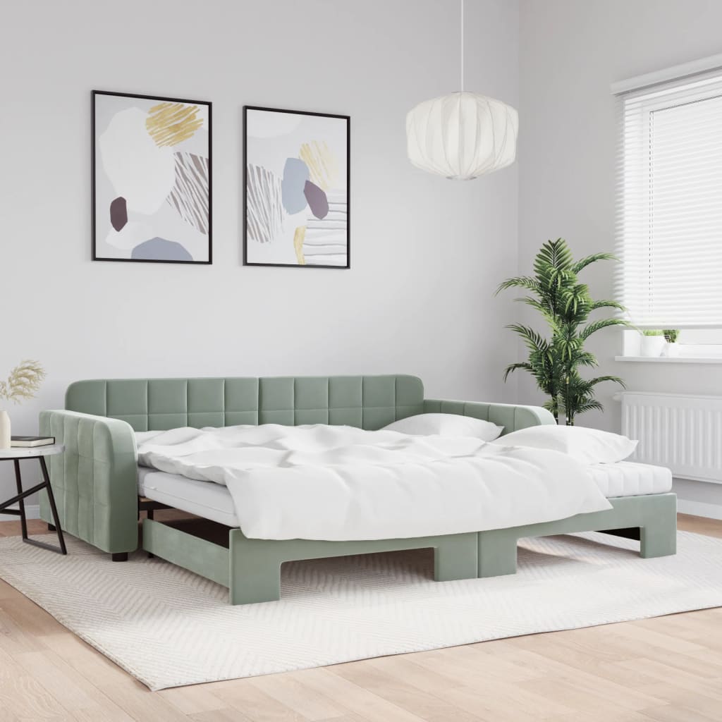 vidaXL Pat de zi cu extensie și saltele gri deschis 100x200 cm catifea vidaXL Pat de zi cu extensie și saltele gri deschis 100x200 cm catifea