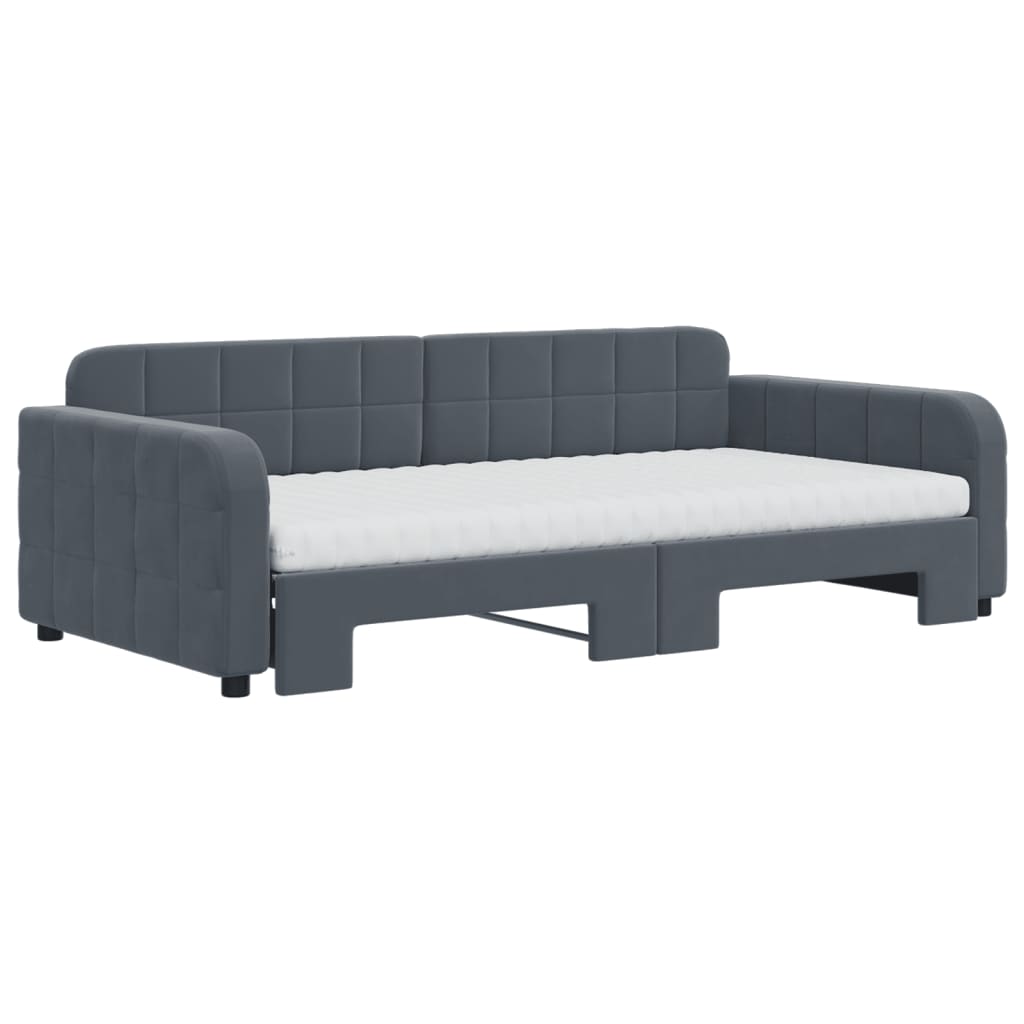 vidaXL Pat de zi cu extensie și saltele, gri închis 100x200 cm catifea vidaXL Pat de zi cu extensie și saltele, gri închis 100x200 cm catifea