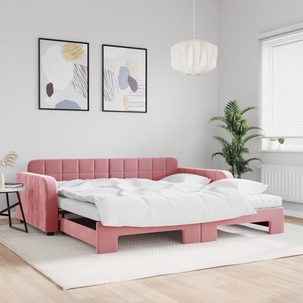 vidaXL Pat de zi cu extensie și saltea, roz, 100x200 cm, catifea vidaXL Pat de zi cu extensie și saltea, roz, 100x200 cm, catifea