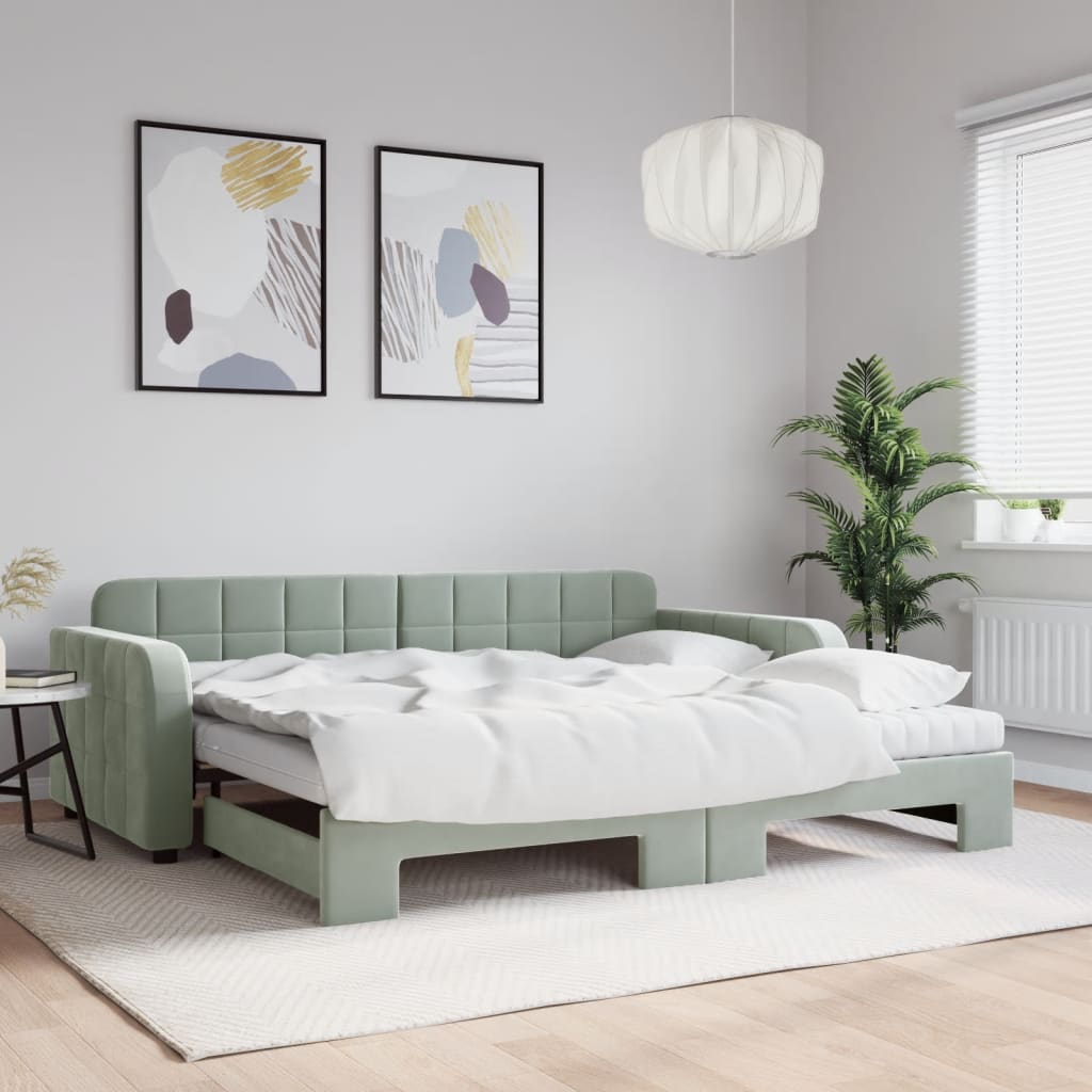 vidaXL Pat de zi cu extensie și saltele, gri deschis 90x190 cm catifea vidaXL Pat de zi cu extensie și saltele, gri deschis 90x190 cm catifea