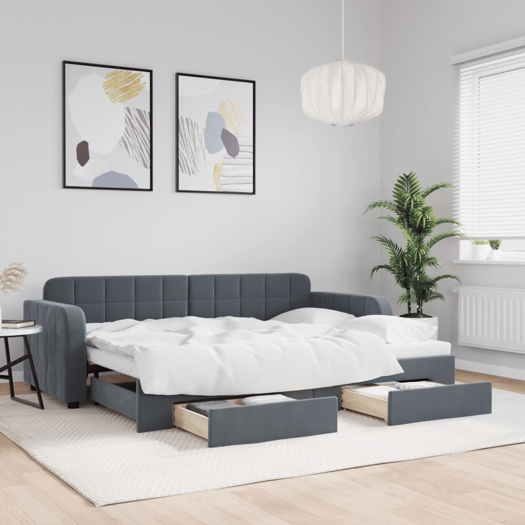vidaXL Pat de zi cu extensie și sertare gri închis 80x200 cm catifea vidaXL Pat de zi cu extensie și sertare gri închis 80x200 cm catifea