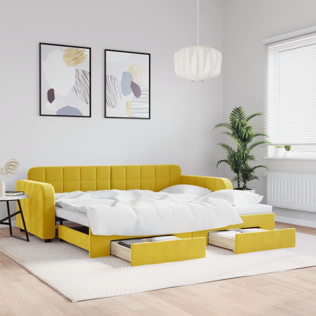 vidaXL Pat de zi cu extensie și sertare, galben, 90x200 cm, catifea vidaXL Pat de zi cu extensie și sertare, galben, 90x200 cm, catifea