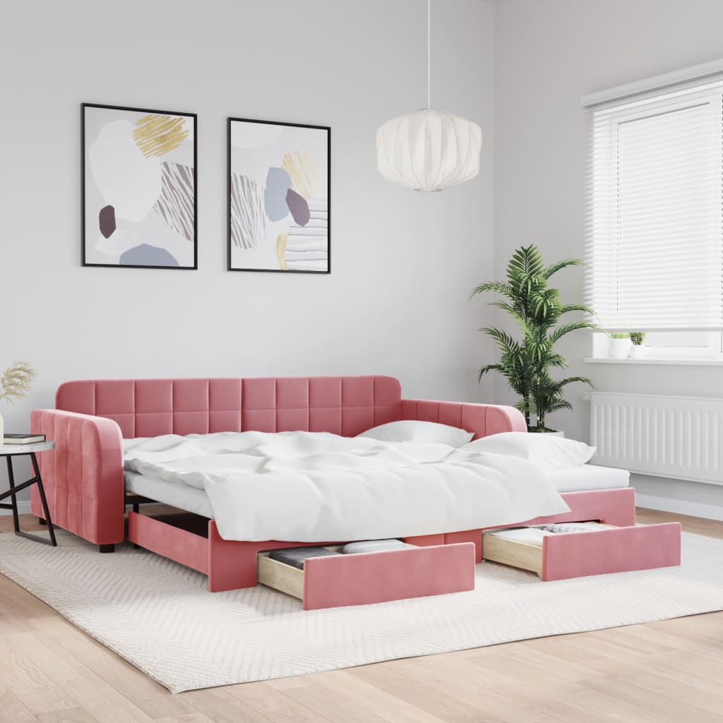 vidaXL Pat de zi cu extensie și sertare, roz, 100x200 cm, catifea vidaXL Pat de zi cu extensie și sertare, roz, 100x200 cm, catifea