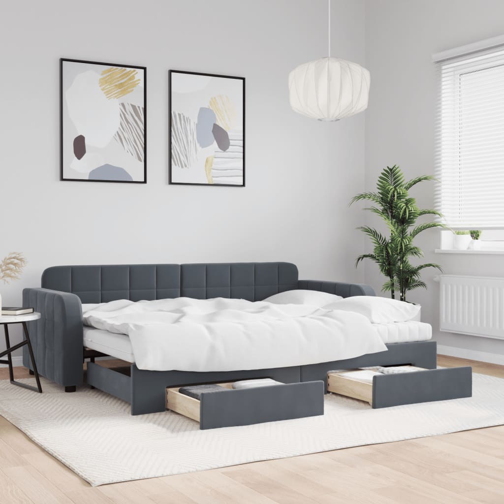 vidaXL Pat de zi cu extensie și sertare gri închis 80x200 cm catifea vidaXL Pat de zi cu extensie și sertare gri închis 80x200 cm catifea