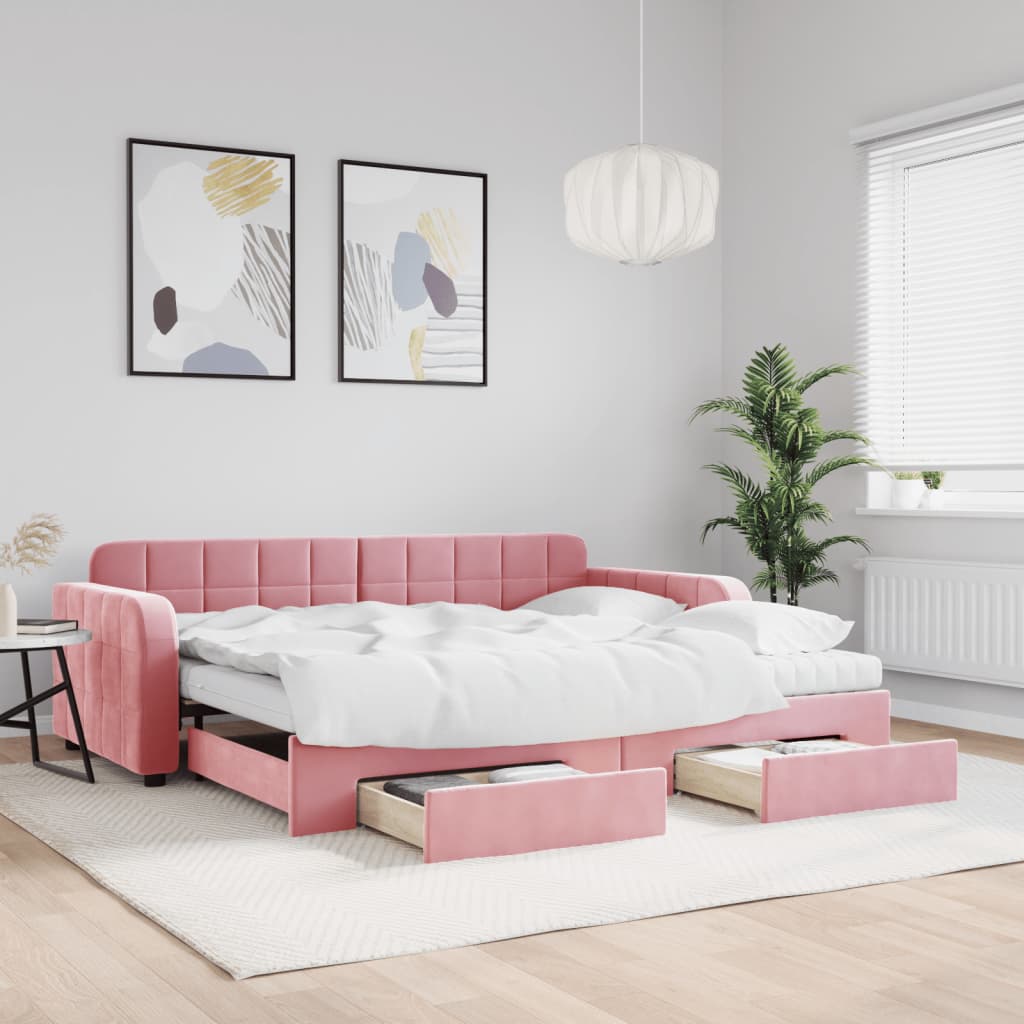 vidaXL Pat de zi cu extensie și sertare, roz, 90x200 cm, catifea vidaXL Pat de zi cu extensie și sertare, roz, 90x200 cm, catifea