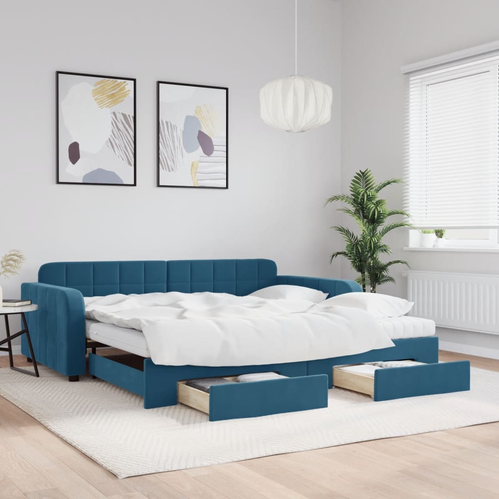 vidaXL Pat de zi cu extensie și sertare, albastru, 100x200 cm, catifea vidaXL Pat de zi cu extensie și sertare, albastru, 100x200 cm, catifea