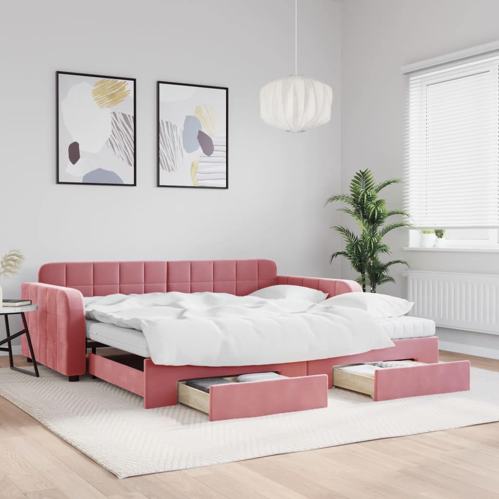 vidaXL Pat de zi cu extensie și sertare, roz, 100x200 cm, catifea vidaXL Pat de zi cu extensie și sertare, roz, 100x200 cm, catifea