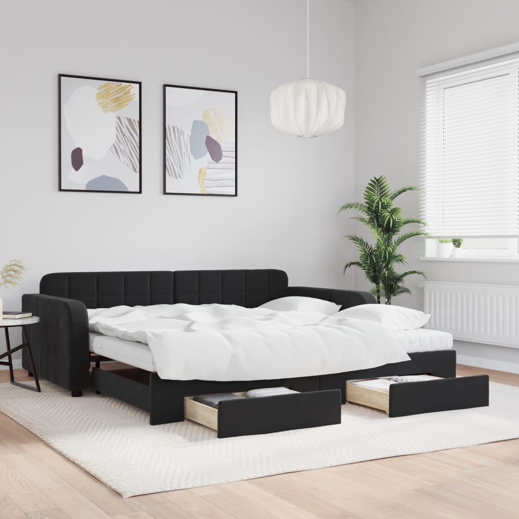 vidaXL Pat de zi cu extensie și sertare, negru, 100x200 cm, catifea vidaXL Pat de zi cu extensie și sertare, negru, 100x200 cm, catifea