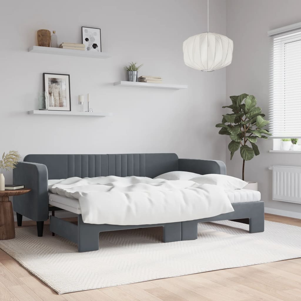 vidaXL Pat de zi cu extensie și saltele gri închis 80x200 cm catifea vidaXL Pat de zi cu extensie și saltele gri închis 80x200 cm catifea