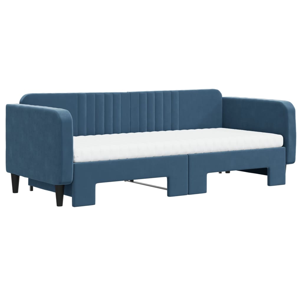 vidaXL Pat de zi cu extensie și saltea, albastru, 90x200 cm, catifea vidaXL Pat de zi cu extensie și saltea, albastru, 90x200 cm, catifea
