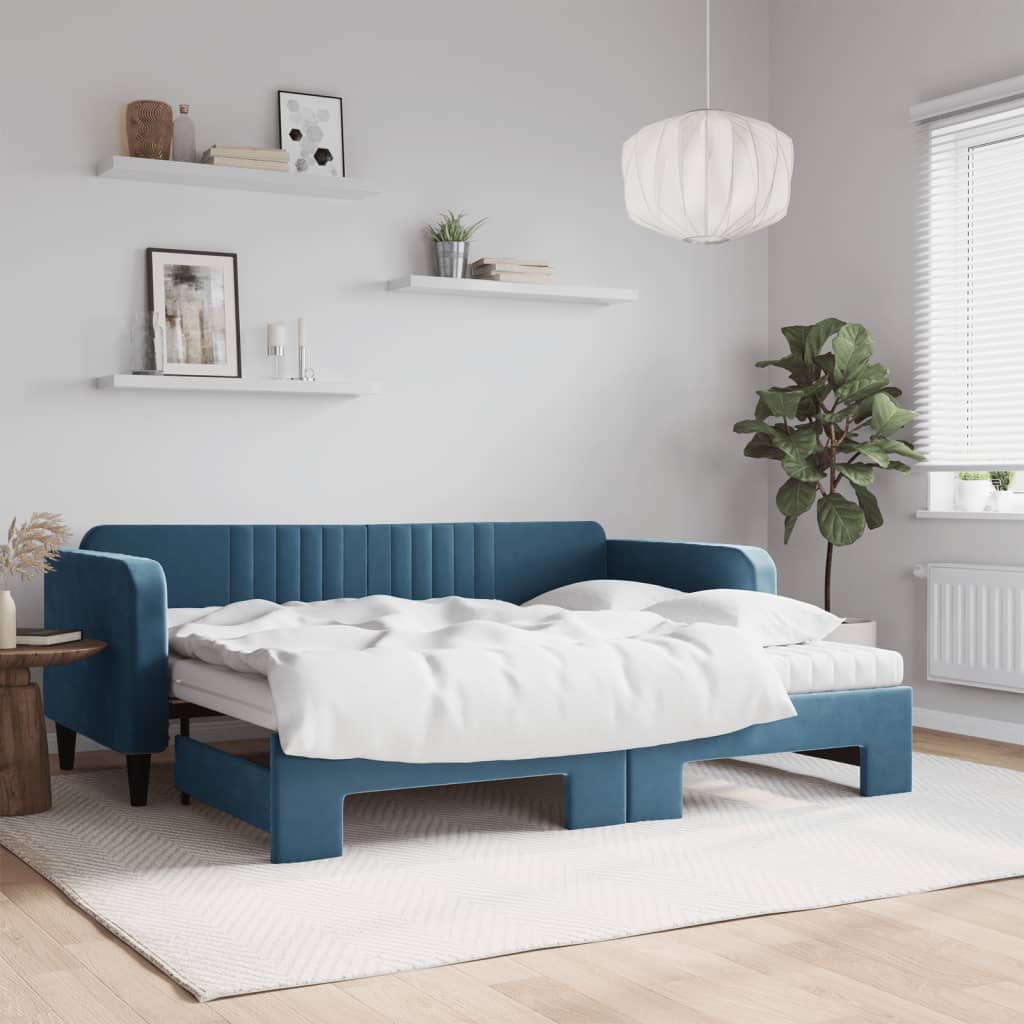 vidaXL Pat de zi cu extensie și saltea, albastru, 90x200 cm, catifea vidaXL Pat de zi cu extensie și saltea, albastru, 90x200 cm, catifea