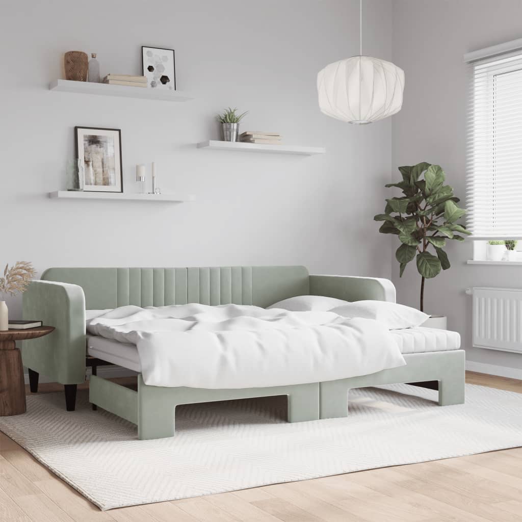 vidaXL Pat de zi cu extensie și saltele, gri deschis 90x200 cm catifea vidaXL Pat de zi cu extensie și saltele, gri deschis 90x200 cm catifea