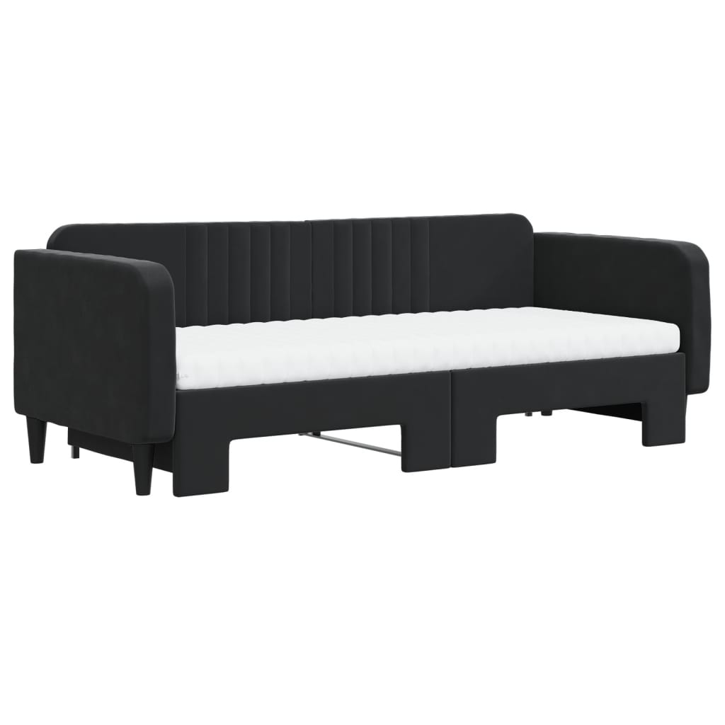 vidaXL Pat de zi cu extensie și saltea, negru, 90x200 cm, catifea vidaXL Pat de zi cu extensie și saltea, negru, 90x200 cm, catifea